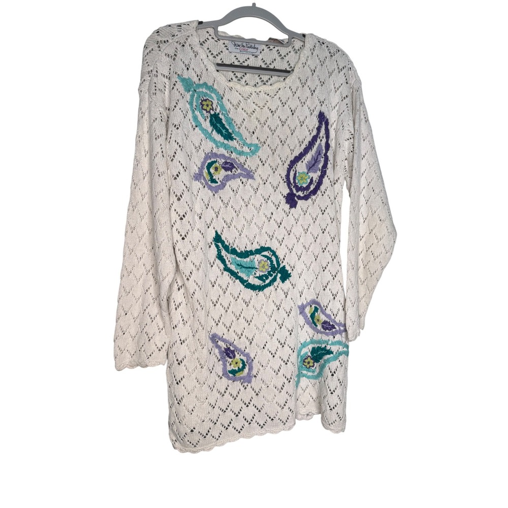 Diane Von Furstenberg Vintage Paisley Embroidered Pointelle Knit Tunic Top Small